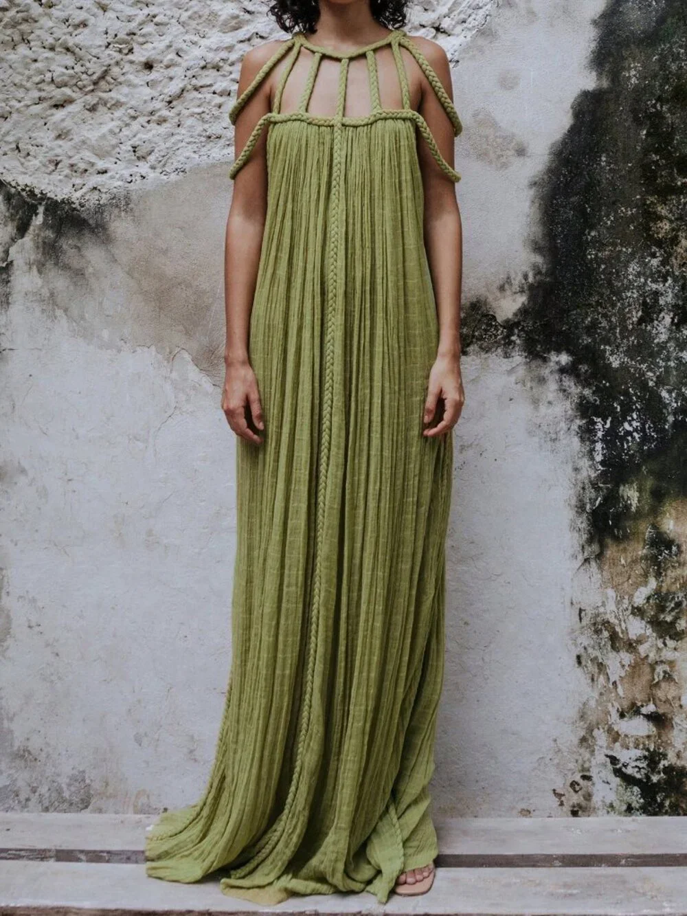 Green Casual Women's Hollow Backless Braided Boho Maxi Dress - Picture 4 of 4